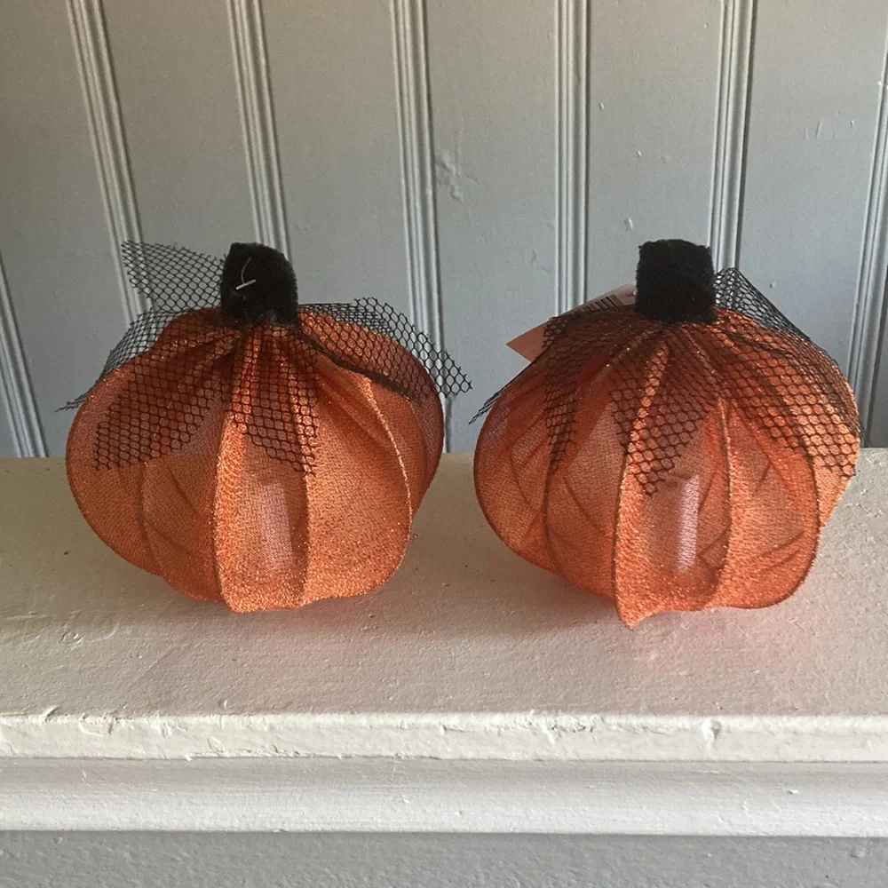 NWT- 2- Elegant Orange Lace Covered Light Up LED Halloween Pumpkin Decorations